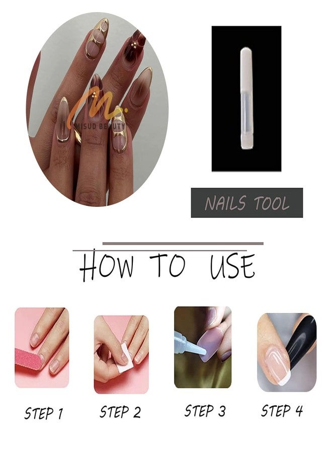 MISUD Press on Nails - Medium Almond Glue on Nails with Fall Brown, Acrylic Gold Chrome Design 24 pcs - Image 5